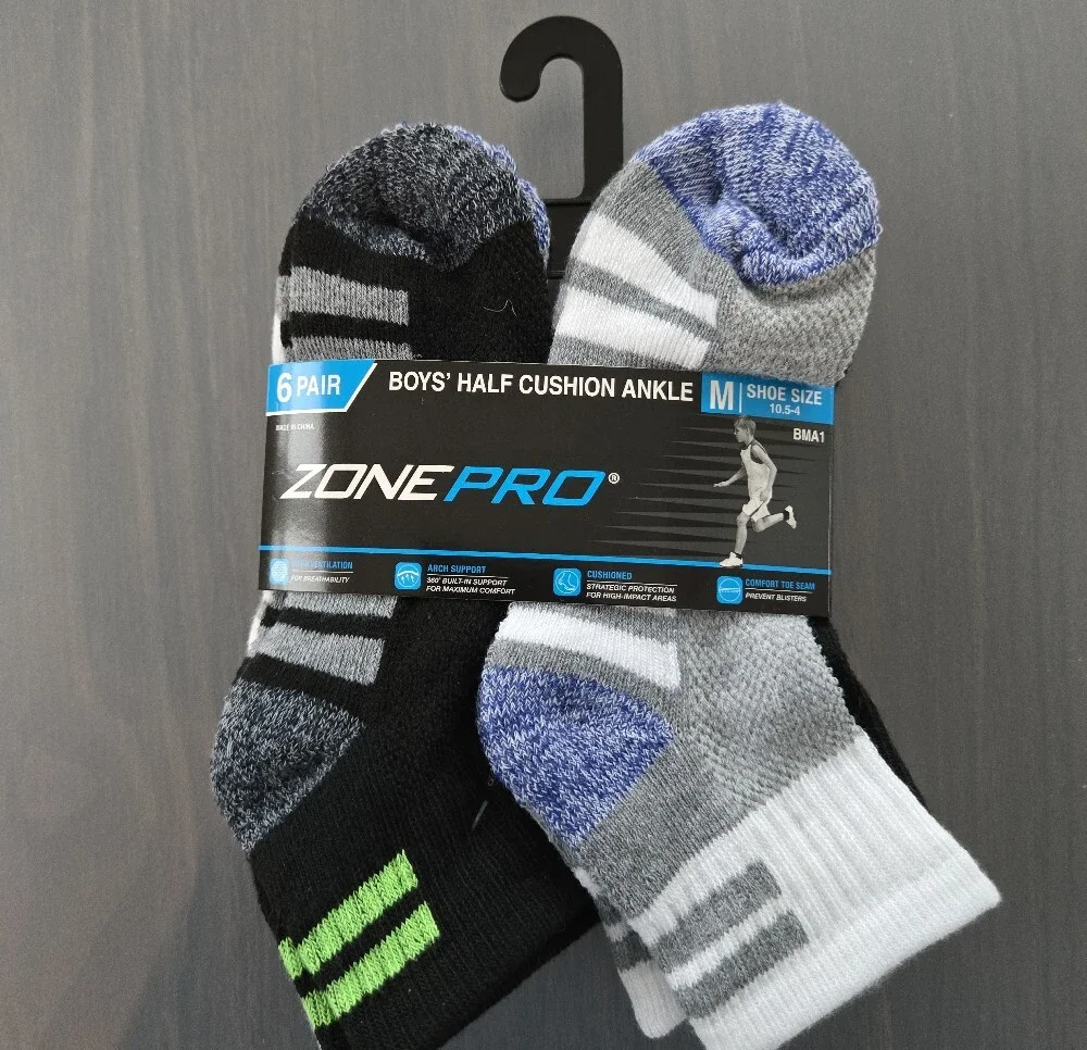 Zone Pro Boys Half‑Cushion Ankle Socks – Ten 6‑Packs, Size 10.5–4, NWT